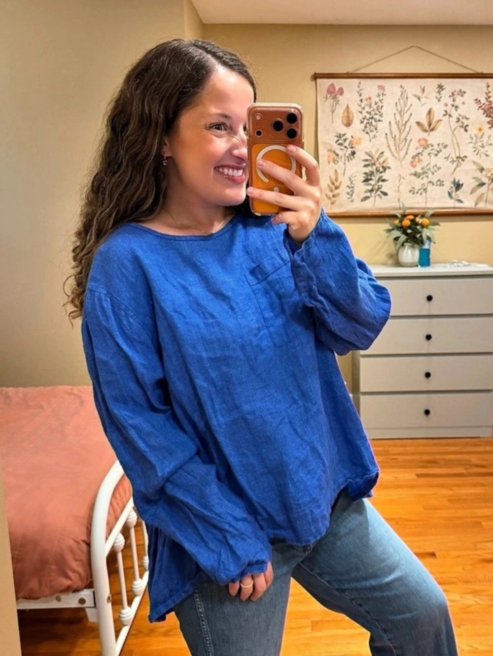 FLAX Linen Long Sleeve Blouse Blue Large Button Back